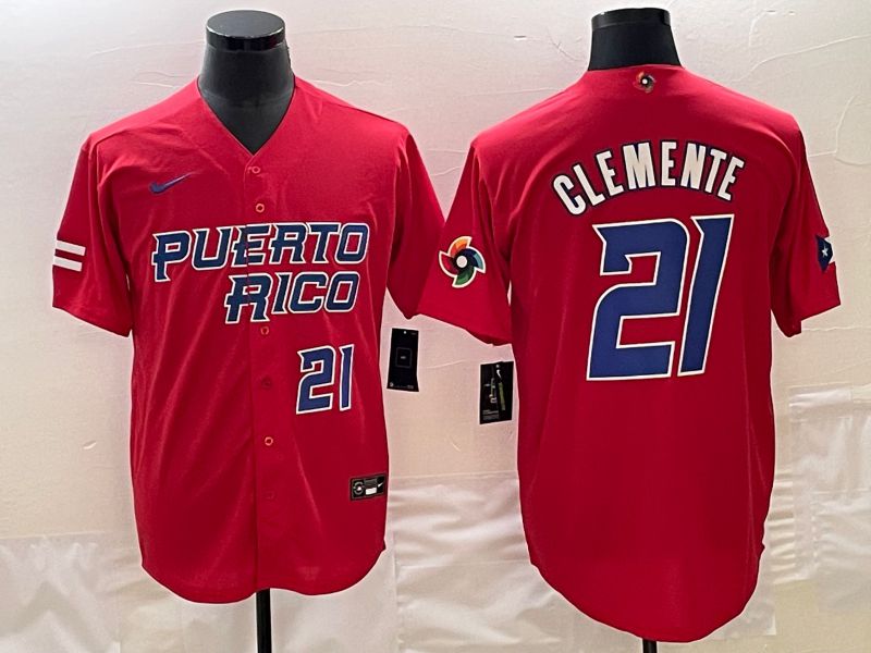 Men 2023 World Cub Puerto Rico 21 Clemente Red Nike MLB Jersey6